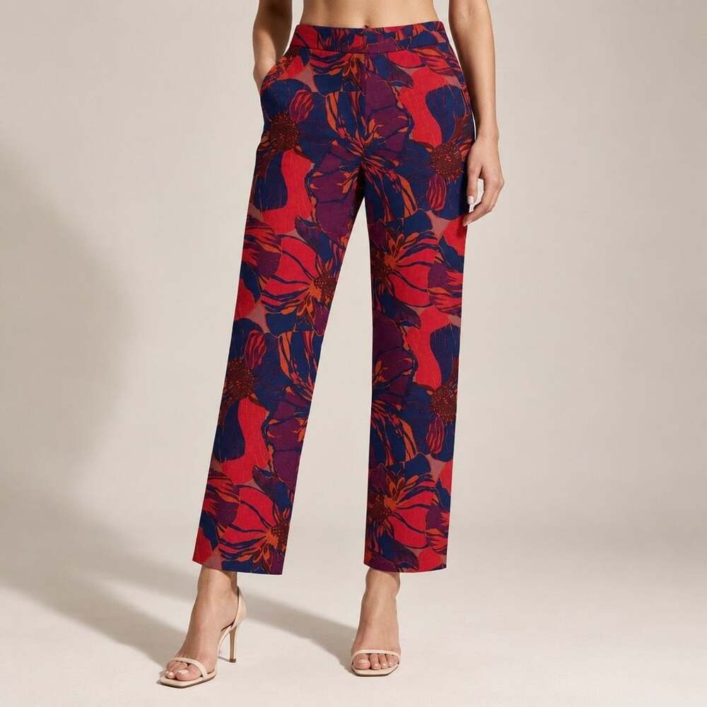 Trina Turk Pants Size 8 Red Blue Floral Print Trousers